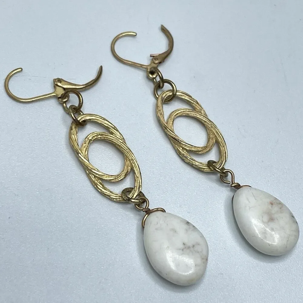 Vintage Gold Tone Textured Look Stone Dangle Earrings Leverback Boho Timeless